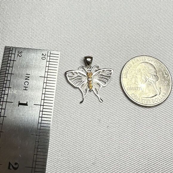 Sterling Silver Butterfly Pendant / Charm Red-Orange CZ Stones w/ Gift Box ๐ - Picture 3 of 7